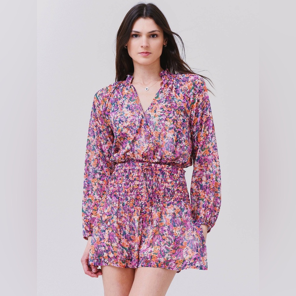 Lavender Brown Vibrant‎ Floral summer dress with puff long sleeves size medium